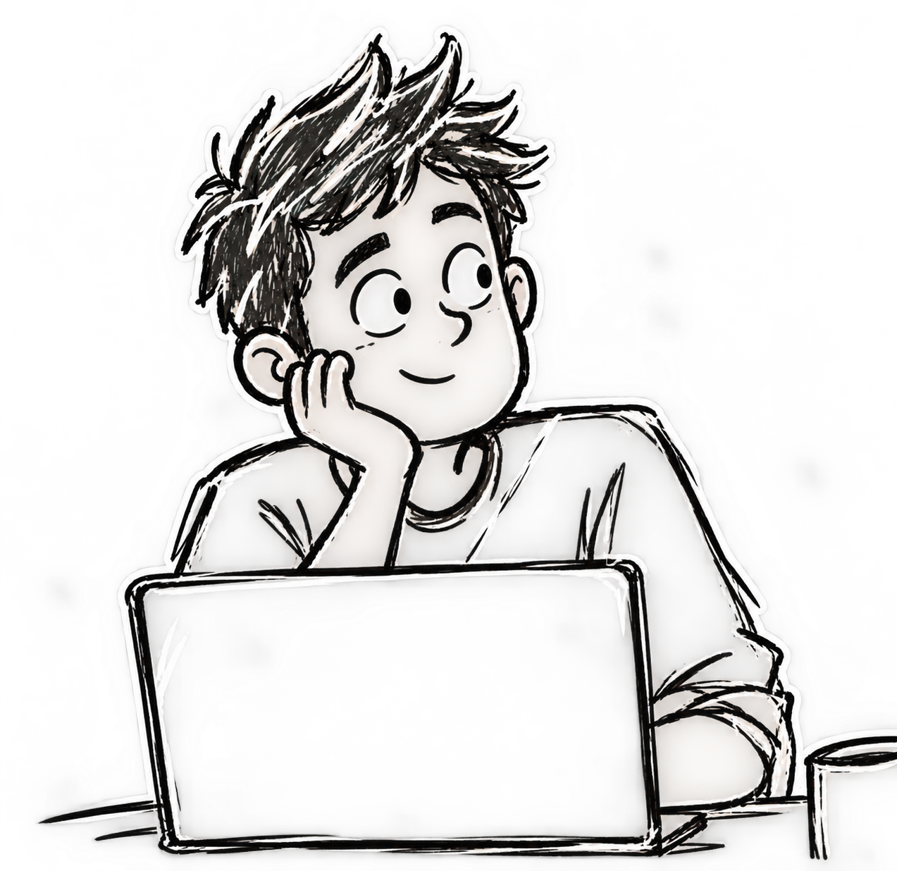 Nikhil at his laptop, hand-drawn sketch illustration